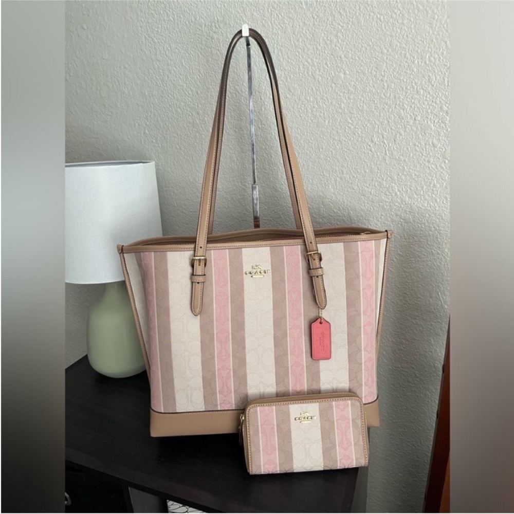 Coach Mollie Jacquard Striped Pink and Cream Tote with Wallet